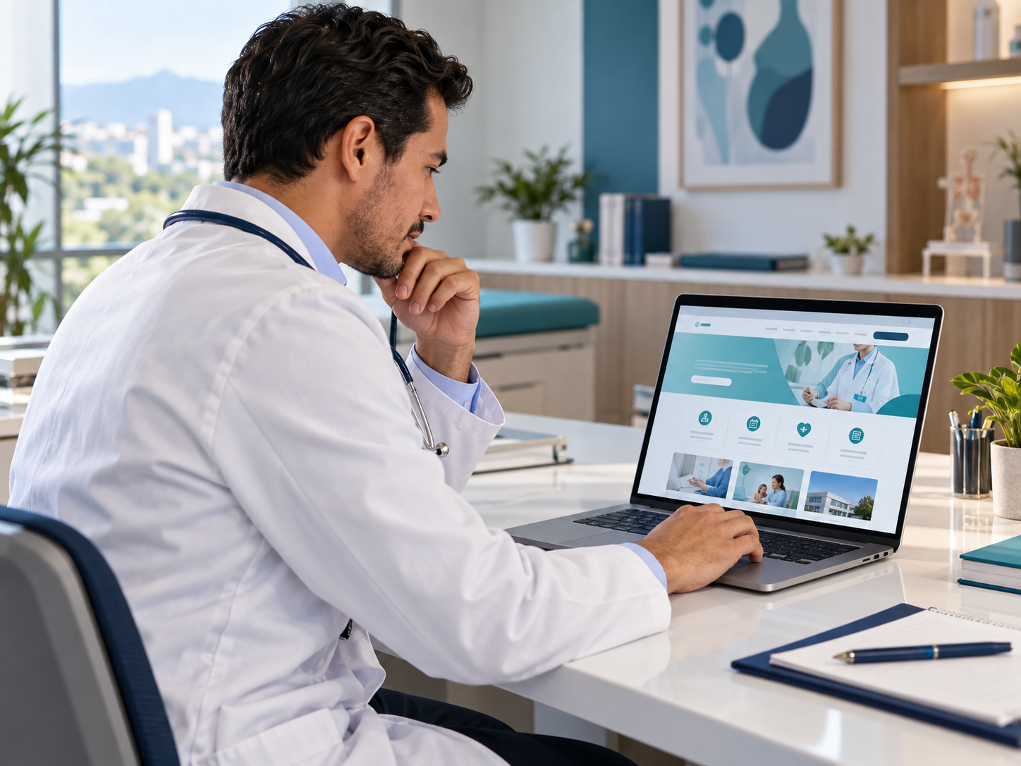 Médico revisa su página web profesional en un portátil